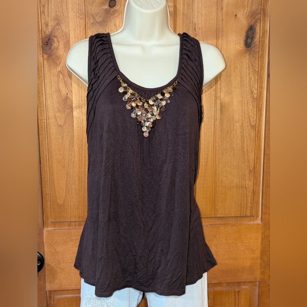AB Studio Brown Tank Top with Sequin Accent